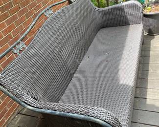 vintage heavy woven wicker chaise with metal accents          6feet long just imagine how pretty with black/white stripe pillows on the grey frame
