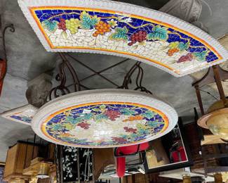 garden mosic set with small side tables and two benches