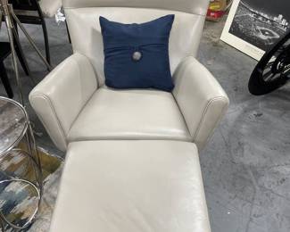 West Elm grey oversized leather chair and ottoham