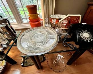 Vintage kitchen wares; rotary phone