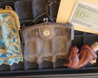 Mandolian Mesg Bag, German Silver Watch mesh Purse, Horse Opener, Heart and Indonesian Money