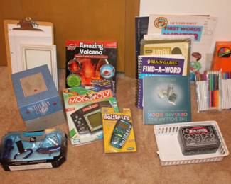 Art Supplies, Amazing Volcano, Civil War Cars,, Books, Electric Monopoly