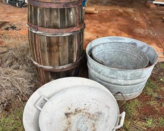 PPE217- Metal Buckets & Woks Together With Vintage Wooden Barrel