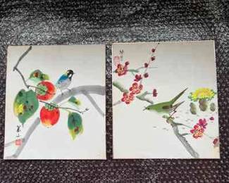PPE155- (2) Original Plum & Blossom Bird Paintings