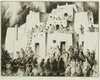 11
Gene Kloss
1903-1996
"Corn Dancers Coming," 1975
Etching and drypoint on wove paper
An artist's proof aside from the edition of 50
Signed, titled, and inscribed "Artist's Proof" in pencil at the lower margin: Gene Kloss
Plate: 11" H x 13.875" W; Sight: 11.75" H x 14.5" W
Estimate: $800 - $1,200