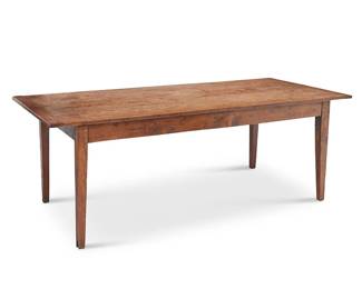 187
A Rustic Wood Harvest Table
Late 19th century
The wood table with peg joints, a full surround apron, a pull-out surface to one side, and modern reworked elements
30.125" H x 84.25" W x 38" D
Estimate: $1,000 - $1,500