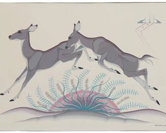 30
Oscar Howe
1915-1983, Yanktonai Dakota
Blessings For Fertility, Circa 1957
Casein on paper
Signed lower right: Oscar Howe; titled by repute
Image/Sheet: 12" H x 18" W
Estimate: $30,000 - $50,000