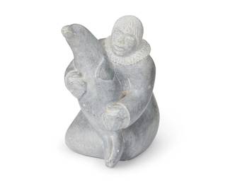 292
Alvin Kayouktuk (1934-1997, Iñupiat)
A carved stone figure of a man and seal, circa 1972
Incised signature to underside: Alvin Kayouktuk
The stone sculpture depicting a man cradling a baby seal in his arms, with incised details
6.5" H x 3.75" W x 5" D
Estimate: $200 - $400