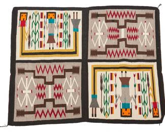 128
A Navajo Regional Rug Sampler
Mid/late 20th century, Diné
The sampler with alternating pictorial Yei and storm patterns with water bugs, woven in multicolor wool
57" H x 43" W
Estimate: $500 - $700