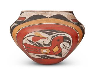 148
A Laguna/Acoma Pueblo Polychrome Pottery Olla
Early 20th century
Unmarked
The four-color olla form jar with parrot, rainbow, and sky band motifs on a white slip glaze above a puki indentation to underside
9.25" H x 12.25" Dia.
Estimate: $800 - $1,200