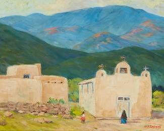 47
Nan Sheets
1885-1976
Church With Mountains
Oil on canvas
Signed lower right: Nan Sheets
12" H x 16" W
Estimate: $600 - $800