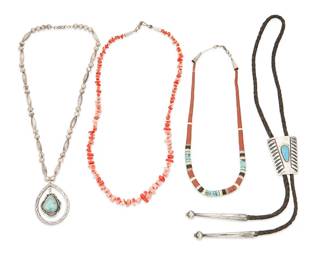 280
A Group Of Southwest Jewelry
Mid/late 20th century
Pendant etched verso: TB
Four Southwest necklaces comprising a sterling silver and set turquoise bolo tie on black braided leather cord, finished with sterling silver cone-and-ball tips (Bolo: 2" H x 1.75" W; cord: 34" L), a sterling silver necklace with silver beads and a set turquoise pendant (21.5" L x 2.25" H), a Pueblo-style necklace with graduated disc beads of catlinite, turquoise, shell, onyx, and silver (19.5" L), and a coral necklace of branch coral segments with silver ball spacers, (25" L), 4 pieces
151.4 grams gross
Estimate: $400 - $600