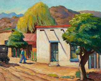 48
Mark Voris
1907-1974
"Where Some Mexicans Live," 1933
Oil on canvas
Signed and dated lower left: Mark Voris; signed again and titled on the stretcher
26" H x 36" W
Estimate: $1,000 - $1,500