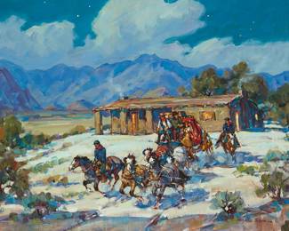 135
Marjorie Reed
1915-1996
Nocturnal Stagecoach
Oil on canvas
Signed lower right: Marjorie Reed
20" H x 24" W
Estimate: $2,000 - $3,000