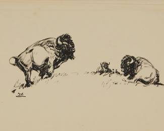 220
Frank B Hoffman
1888-1958
Resting Buffalos
Ink on onion-skin type paper
Unsigned, but with the artist's device in ink directly underneath the standing buffalo at left
Sight: 10.5" H x 13.5" W
Estimate: $300 - $500