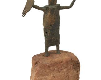 26
Bill Worrell
1936-2021
"Pecos Archaic Shaman"
Patinated bronze and stone
Incised signature to underside: Worrell; further incised, dated, and possibly numbered illegibly; attributed and titled to previous dealer's paper label
Overall: 12.5" H x 6.75" W x 5.25" D
Estimate: $500 - $700