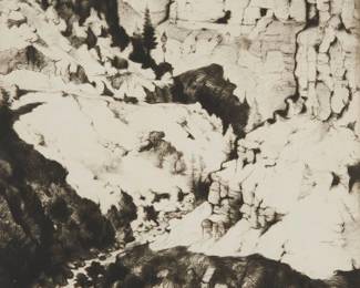 9
Gene Kloss
1903-1996
"The Old Road To Taos," 1948
Drypoint on wove paper
From the edition of 35
Signed and titled in pencil at the lower margin: Gene Kloss
Plate: 13" H x 12" W; Sheet: 17" H x 13.75" W
Estimate: $1,000 - $1,500