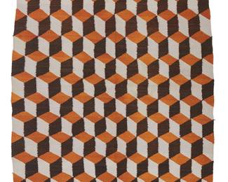 130
A Navajo Regional Rug
Mid-20th century, Diné
Woven in grey, ochre, and dark brown wool in an optical geometric motif
50.5" H x 37.5" W
Estimate: $400 - $600
