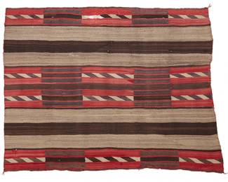 75
A Navajo Second Phase Chief's Blanket
Early 20th century, Diné
With banded motifs woven in red, indigo, and cream wool
69.5" H x 54" W
Estimate: $1,500 - $2,500