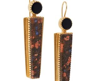 242
A Pair Of Gail Bird And Yazzie Johnson Stone Set Gold Earrings
Gail Bird (b. 1949, Santo Domingo/Laguna Pueblo) and Yazzie Johnson (b.1946, Navajo/Diné)
Late 20th/21st century
Each stamped: GY [conjoined]
A pair of narrow modernist-style 18K gold pierced earrings each with set agate and onyx, 2 pieces
Each: 2.5" H x 0.625" W
19.5 grams gross
Estimate: $1,500 - $2,500