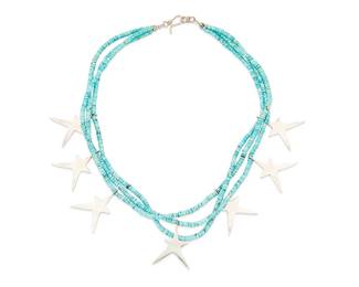 240
A Southwest-Style Turquoise Necklace With Silver Stars
Late 20th century
Appears unmarked
A mulitstrand necklace of fine disc turquoise and stylized silver star motifs
23" L x 1.5" H
99.5 grams gross
Estimate: $500 - $700