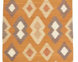 124
A Navajo Regional Rug
Mid-20th century, Diné
With floating diamond motifs woven in vegetal dyes of gold, cream, grey, and tan wool
68" H x 41" W
Estimate: $400 - $600