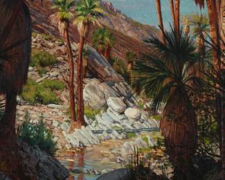 198
Ferdinand Earle
1878-1951
"A Palm Scene," 1926
Oil on canvas
Signed and dated lower right: Ferdinand Earle; titled in ink on the upper portion of the stretcher
18" H x 18" W
Estimate: $800 - $1,200
