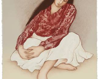 52
R. C. Gorman
1931-2005, Navajo/Dine
"Evangelina (State I)," 1980
Lithograph in colors on wove paper
Edition: 90/175
Signed, numbered, and dated in pencil along the lower edge: R.C. Gorman; Ben Q. Adams, prntr.; Western Graphics Workshop, Albuquerque, NM, pub; with the artist's, printer, and publisher blindstamps at the lower edge
Image/Sheet: 29.5" H x 22" W
Estimate: $300 - $500