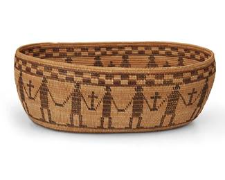 54
A Polychrome Yokuts "Friendship" Basket
Early/mid-20th century; Central California
A coiled large oval low bowl with a band of male figures holding crosses below a checkered band
5.25" H x 14.75" W x 11.25" D
Estimate: $1,000 - $1,500