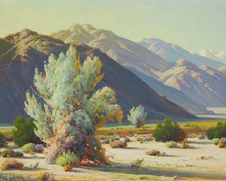 197
Paul Grimm
1891-1974
"Sentinel Of The Desert"
Oil on canvasboard
Signed lower left: Paul Grimm; signed again and titled, verso
16" H x 20" W
Estimate: $1,000 - $1,500