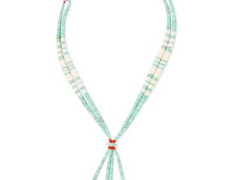 231
A Kewa/Santo Domingo Pueblo Turquoise Necklace
Mid/late 20th century
Appears unmarked
A two-strand graduated necklace with shell and turquoise discs, coral bead accents, and jacla pendants
32" L x 4.5" H
Estimate: $700 - $900