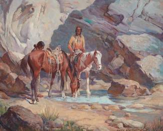41
Gray Bartlett
1885-1951
Native Americans On Horseback At A Watering Hole
Oil on canvas
Signed and with the artist's device lower right: Gray Bartlett
16" H x 20" W
Estimate: $1,500 - $2,000