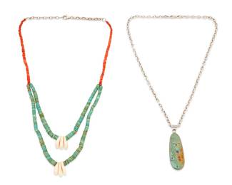 249
Two Southwest Pueblo Necklaces
Two works:
Stuart Quandelacy (b. 20th century, Zuni Pueblo)
Late 20th/21st century
Pendant etched verso: Stuart Quandelacy / Zuni; Chain marked: GLO / 925 / Italy
Comprising a carved turquoise maiden figure with multistone accents, suspended from an associated silver chain, 2 pieces
Pendant: 2.375" H x 0.75" W; chain: 20" L
A Pueblo-style turquoise and coral jacla necklace
Appears unmarked
A small necklace of graduated turquoise bead double-strand jaclas with shell accents and coral beads, with an added chain and clasp
21" L
2 pieces
69.0 grams gross
Estimate: $300 - $500