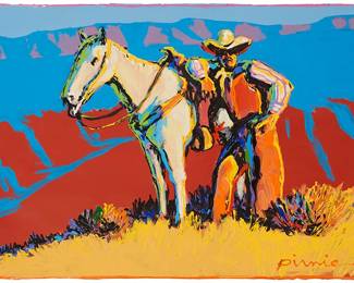 203
Larry Pirnie
b. 1940
"Cowboy At Sunset," 1991
Acrylic on wove paper
Signed lower right: Pirnie; signed again, copyrighted, titled, and dated in pencil, all verso; titled again on a label affixed to the frame's backing board
Image/Sheet: 22.625" H x 30.375" W
Estimate: $800 - $1,200