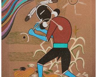 6
Michael (Lomawywesa) Kabotie
1942-2009
Native American Figure
Gouache and mixed media on paperboard
Signed lower right: Lomawywesa; titled in ink on a gallery label affixed verso
20" H x 16" W
Estimate: $2,000 - $3,000