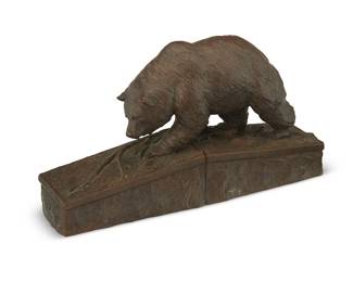 194
Steve Kestrel
b. 1947
"Passageway For Grizzly"
Patinated bronze
Edition: 1/21
Signed and numbered: S Kestrel / [swirl cipher]; interior of each side of base incised: 5595
11.875" H x 21.75" W x 6.25" D
Estimate: $1,000 - $1,500