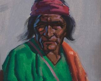 35
Lon Megargee
1883-1960
Portrait Of A Native American
Oil on canvas laid to board
Signed lower right: L. Megargee
9" H x 7.375" W
Estimate: $2,000 - $4,000