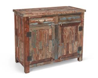 204
A Rustic Reclaimed Wood Cabinet
Early 20th century
The cabinet constructed from repurposed wood and hardware with modern elements, featuring two upper drawers and opposed hinged cabinet doors, each revealing a single shelf
36" H x 42" W x 19" D
Estimate: $400 - $600