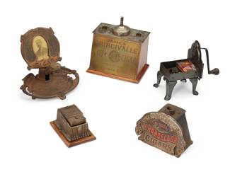 207
A Group Of Tobacco Paraphernalia
Late 19th/early 20th century
Lighter marked: Smoke-A-Princivalle 10¢ Cigar / N.Y. Havana Cigar Co.; another marked: Hoffman House Cigar; another marked: WM A. Stickney Cigar Co / Stickney / Segars / St. Louis / Chancellor Cigars; another marked: The Burt Zaiser Co / Burlington Iowa
Comprising one tabletop cigar lighter, three cigar press cutters, one with rolling tray, and one tobacco plug cutter, 5 pieces
Largest: 8.375" H x 8" W x 5.625" D; Smallest: 2.875" H x 3.875" W x 5.625" D
Estimate: $400 - $600