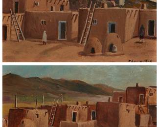 46
Albert "Weasel Arrow" Lujan (1892-1948)
Two works:
Untitled, figures in a Pueblo scene
Oil on board
Signed and inscribed lower right: Albert Lujan / Taos, N. Mex
4" H x 6" W
Untitled, Pueblo scene
Oil on board
Signed and inscribed lower right: Albert Lujan / Taos, N. Mex
4" H x 6" W
Estimate: $800 - $1,200