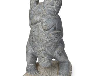 293
An Inuit Carved Stone Figure Of A Woman Giving Birth
Circa 1970-1985
Incised to underside possibly reading: Eli / 109592; with applied sticker: canada / eskimo art
The carved stone nude woman depicted giving birth standing
9" H x 4.75" W x 3.5" D
Estimate: $300 - $500