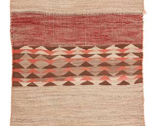 92
A Navajo Double Saddle Blanket
Circa 1920-1930, Diné
Woven in light brown, dark brown, red, and pink handspun wool with various alternating bands and hooked ends
55" H x 30.5" W
Estimate: $500 - $700