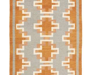 122
A Navajo Regional Rug
Mid/late 20th century, Diné
Woven in natural colors of cream, tan, ochre, and light blue/gray wool with a central column of stepped diamonds, and half columns to each side
72" H x 35.5" W
Estimate: $400 - $600