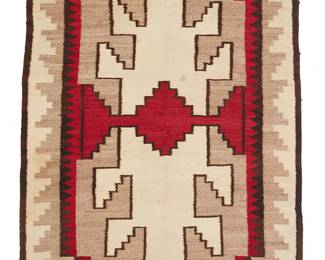 105
A Navajo Regional Rug
Mid-20th century, Diné
Woven in red, cream, light and dark brown wool with a central stepped diamond, red sawtooth motif to sides, and an elaborate stepped border to two sides
67.5" H x 37" W
Estimate: $300 - $500