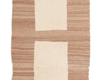 88
A Navajo Double Saddle Blanket
Early 20th century, Diné
Woven in cream, red, and brown wool with two ghost squares to center and diagonal serrated corners
46" H x 27" W
Estimate: $500 - $700