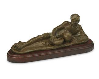 165
Asa Lynn "Ace" Powell
1912-1978
"Ceramis"
Patinated bronze on wood base
Edition: 7/24
Stamped number and signed in the casting: [artist's cipher] / Powell © / Powell Foundry
Overall: 6.25" H x 15.75" W x 6.5" D
Estimate: $400 - $600