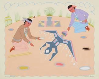 3
Harrison (Haskay Yahne Yah) Begay
1917-2012, Navajo/Diné
Native American Medicine Men
Gouache on paper
Signed mear the lower edge in English and Navajo: Harrison Begay / Haskay Yahne Yah
Sight: 15.5" H x 17.5" W
Estimate: $500 - $700