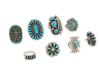 276
A Group Of Southwest Silver And Stone Set Rings
Mid/late 20th century
One stamped: P
Eight rings in various styles and sizes, each with set turquoise or turquoise-colored stones including petit-point, cluster and row-set turquoise, 8 pieces
Largest: ring size: 8; Smallest: ring size: 5.75
76.6 grams gross
Estimate: $500 - $700