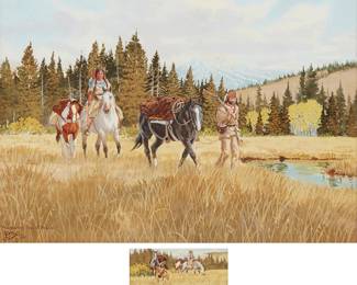 45
Ron Stewart
b.1941
"Following The Streams"
Watercolor and gouache on paper
Signed and titled lower left: Ron Stewart ©, with an additional watercolor and gouache vignette lower right
Sight of main image: 10.5" H x 14.5" W; Sight of vignette: 2" H x 4" W
Estimate: $500 - $700