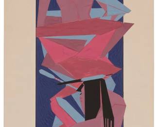 29
Oscar Howe
1915-1983, Yanktonai Dakota
Smoke Signals, Circa 1953
Casein on paper
Initialed lower right: OC; inscribed and dated in ink, presumably in another hand, on the frame's backing paper: "Done to be used / as a letterhead;" titled by repute
Image/Sheet: 25.75" H x 7" W (irreg.)
Estimate: $60,000 - $80,000